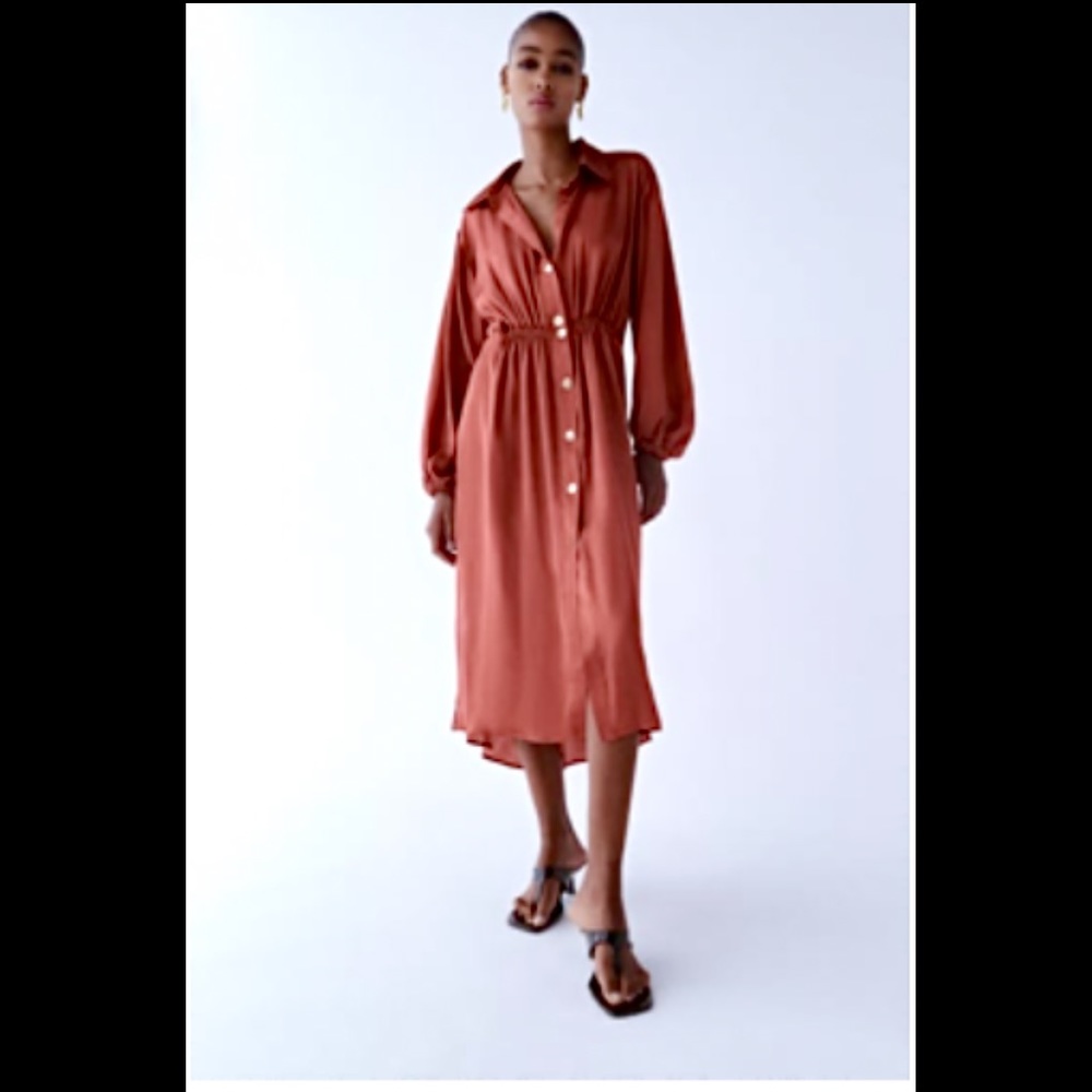 NWOT Zara Satin Effect Shirt Dress Marsala